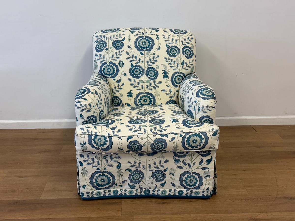 Custom Schneller NYC Swivel Armchair in Penny Morrison Simla Blue Linen