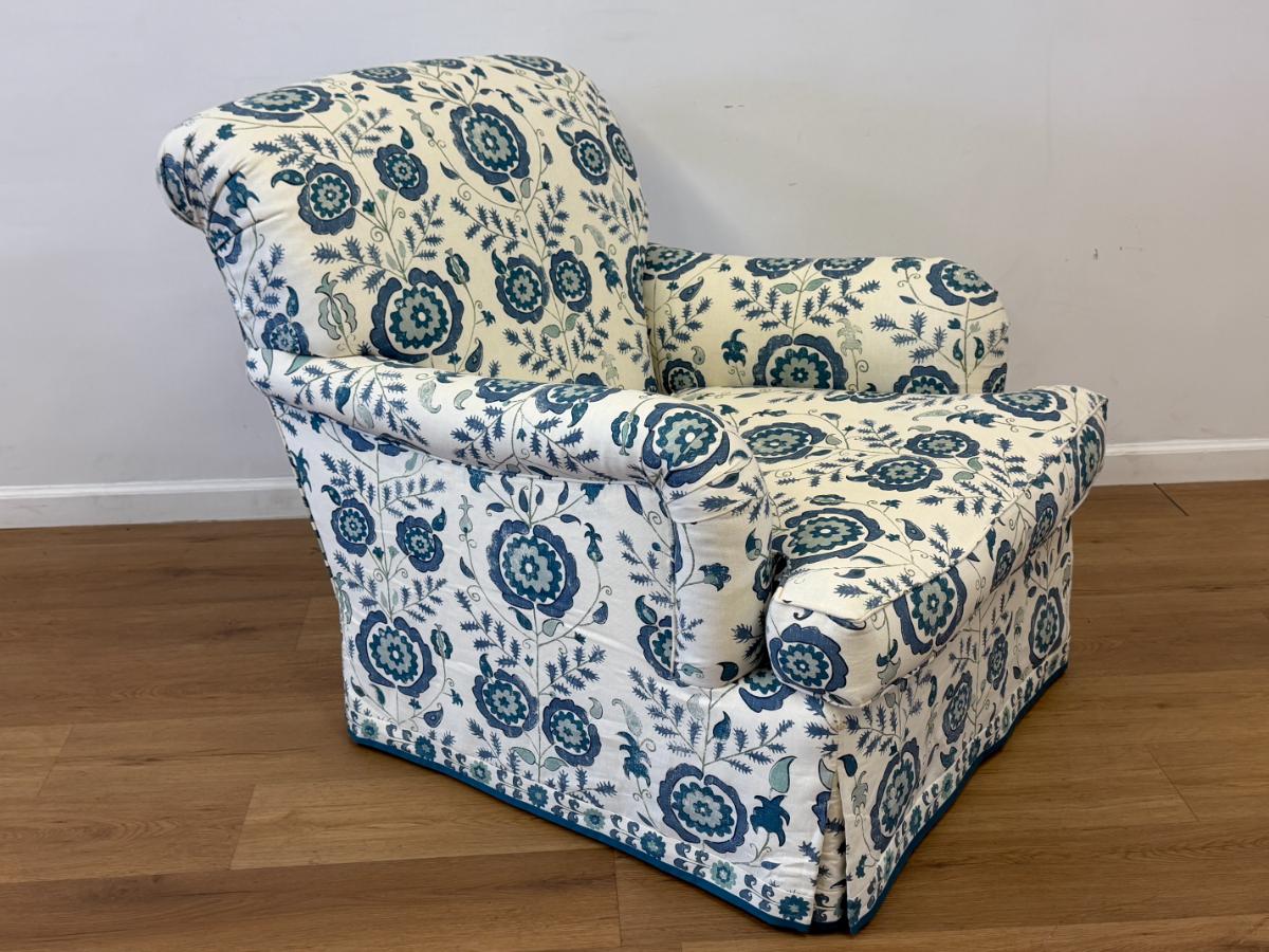 Custom Schneller NYC Swivel Armchair in Penny Morrison Simla Blue Linen