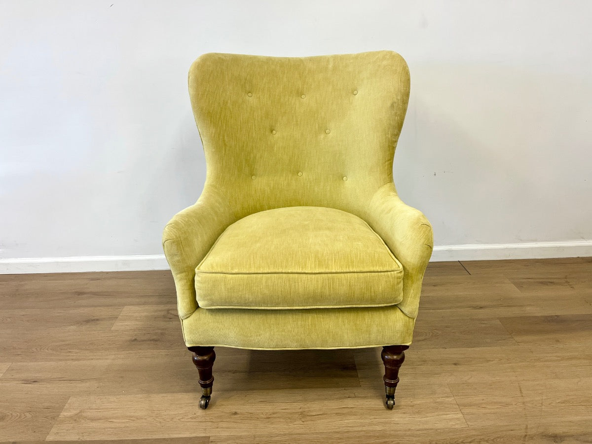Lee Industries Mid-Century Modern Chartreuse Velvet Wingback Armchair, Model 1304-01