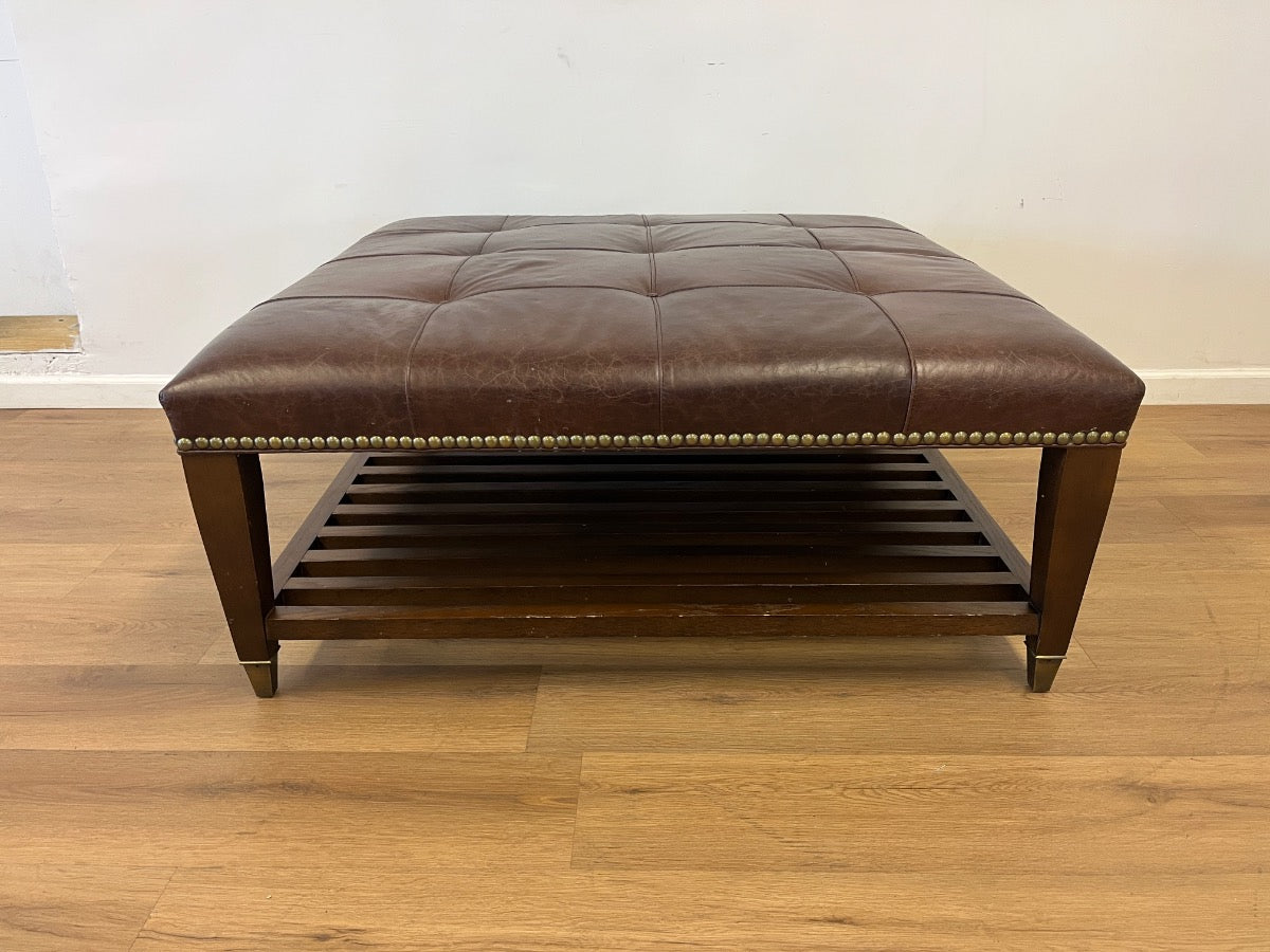 Tufted Cigar Leather Tiered Cocktail Ottoman with Solid Brass Sabot Feet