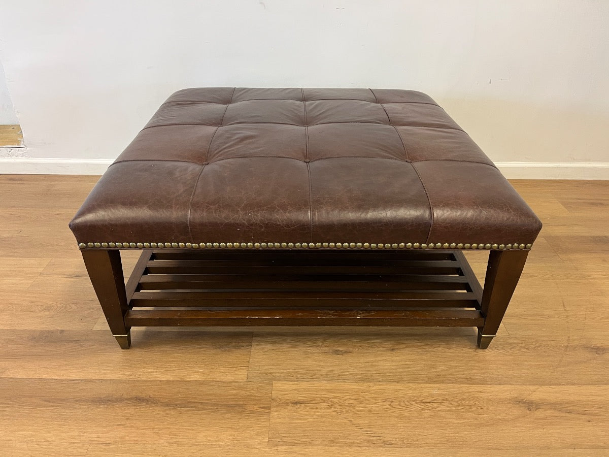 Tufted Cigar Leather Tiered Cocktail Ottoman with Solid Brass Sabot Feet