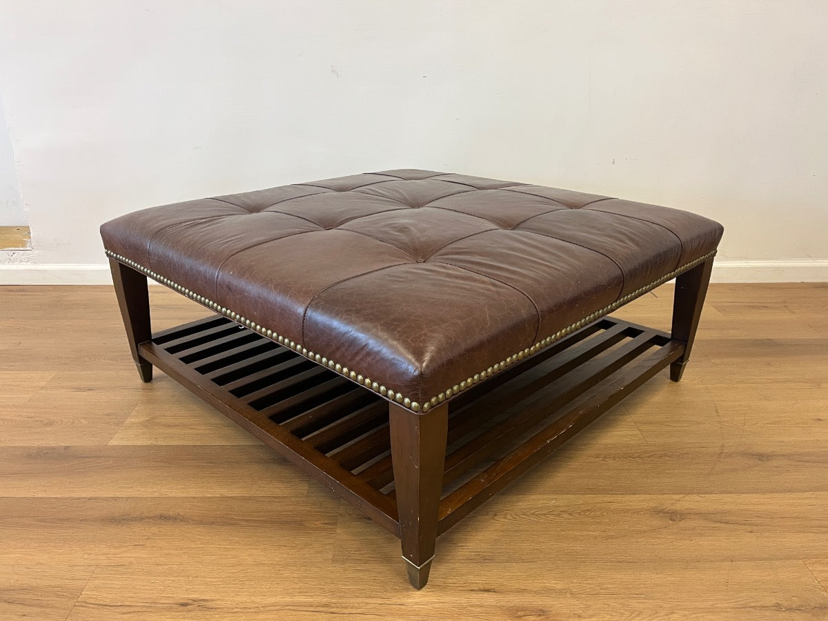 Tufted Cigar Leather Tiered Cocktail Ottoman with Solid Brass Sabot Feet