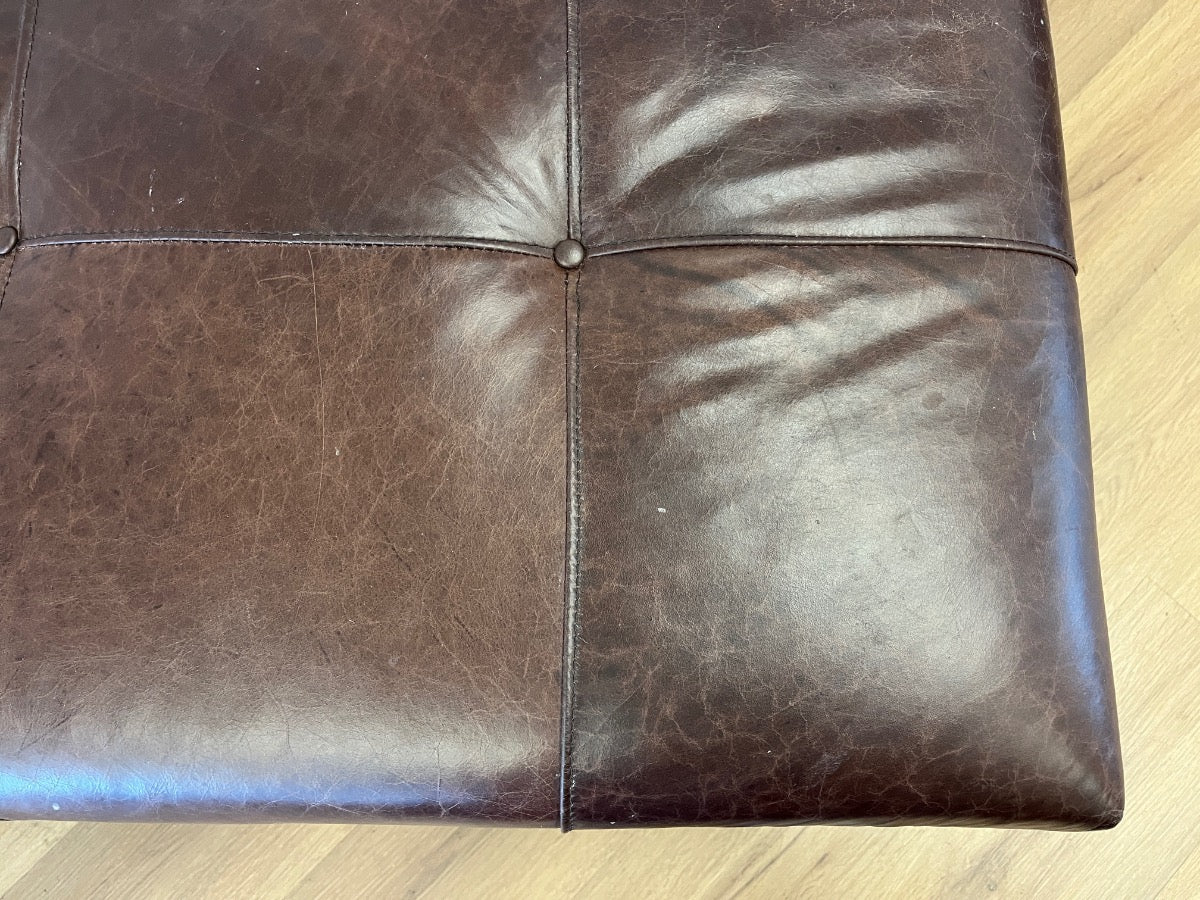 Tufted Cigar Leather Tiered Cocktail Ottoman with Solid Brass Sabot Feet