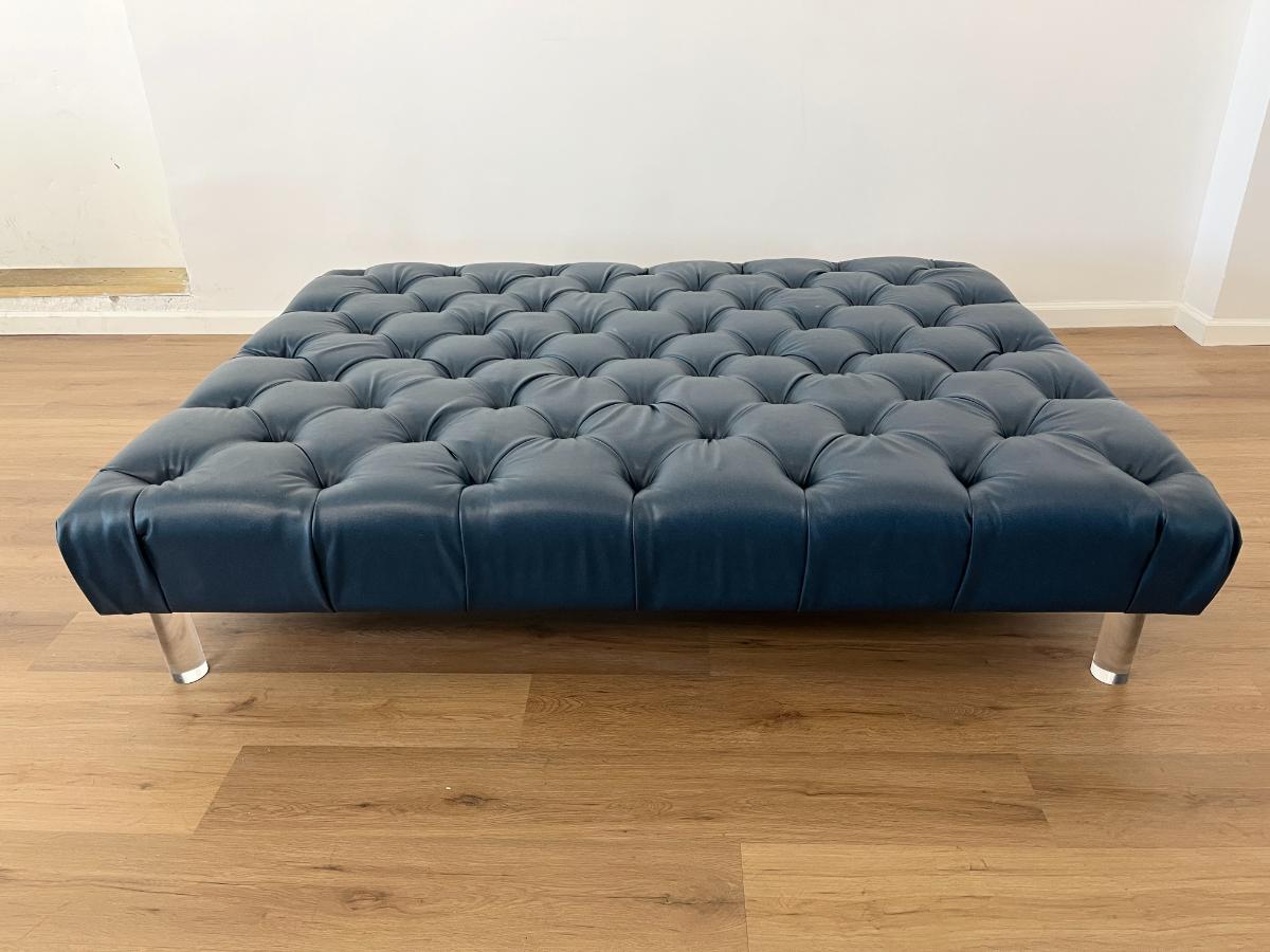 Custom Tufted Blue Ottoman on Lucite Legs