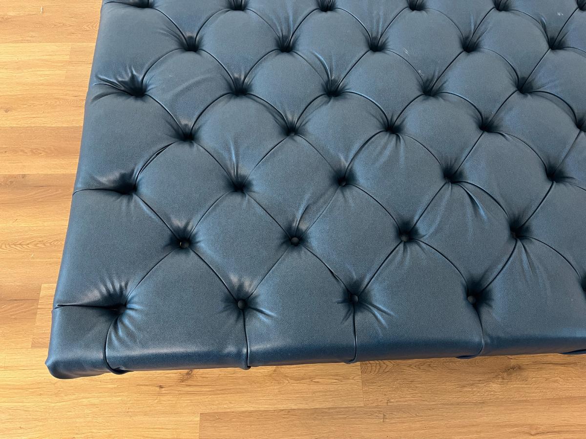 Custom Tufted Blue Ottoman on Lucite Legs