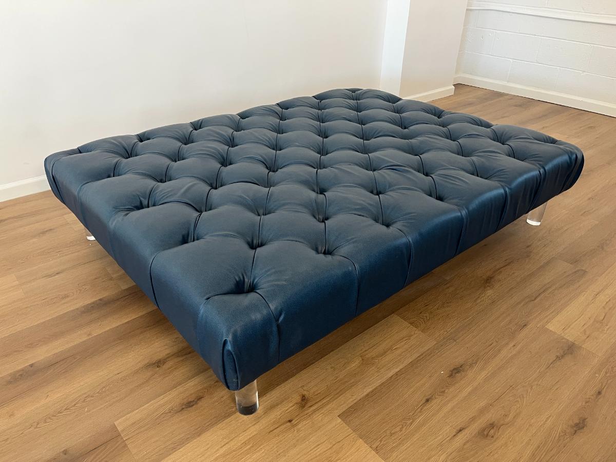 Custom Tufted Blue Ottoman on Lucite Legs