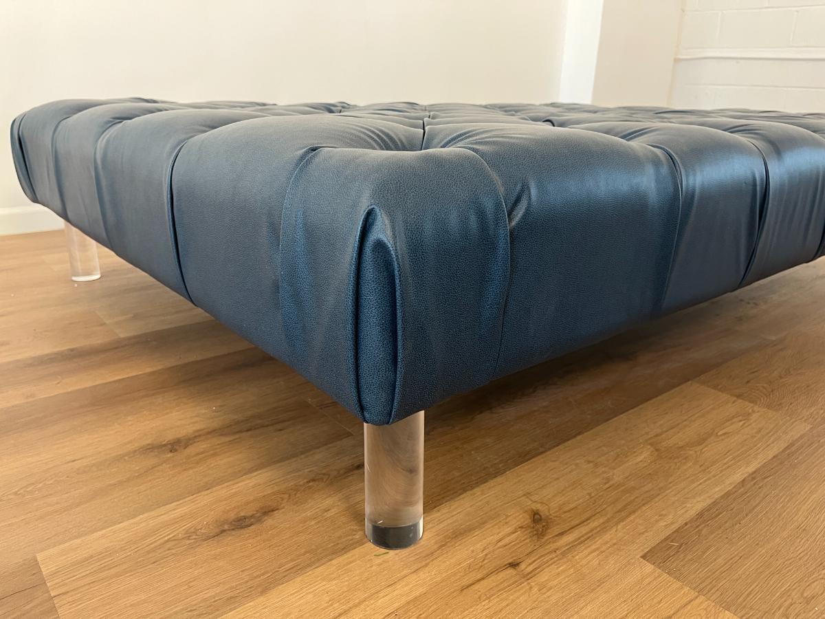 Custom Tufted Blue Ottoman on Lucite Legs