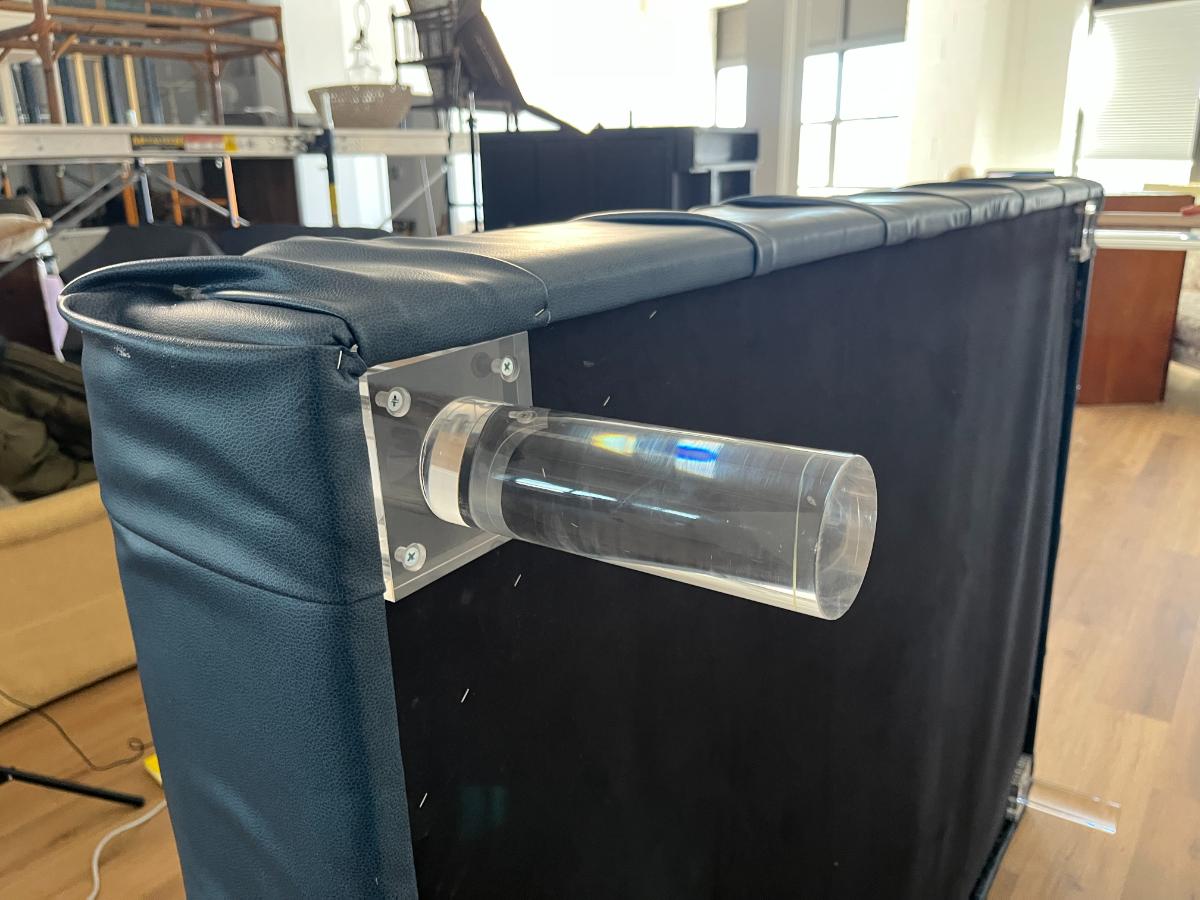 Custom Tufted Blue Ottoman on Lucite Legs