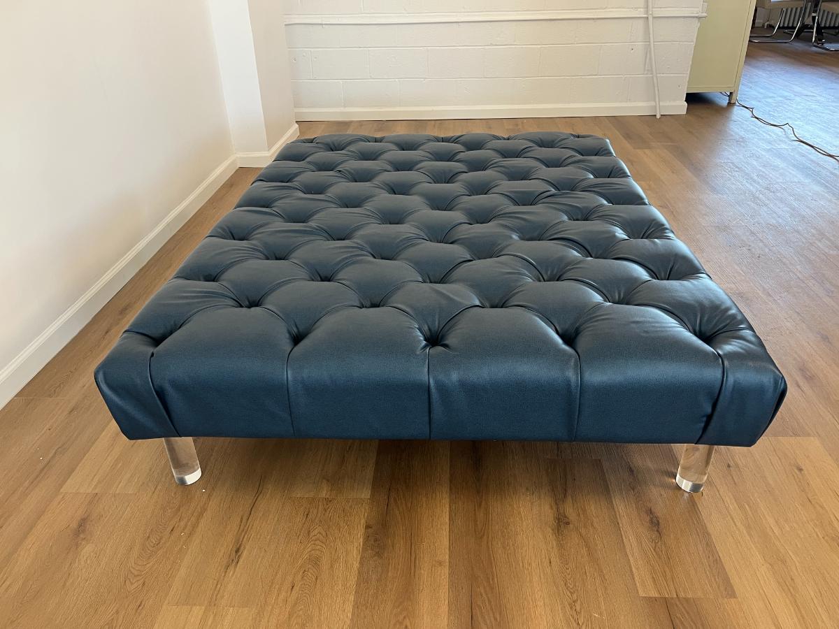 Custom Tufted Blue Ottoman on Lucite Legs