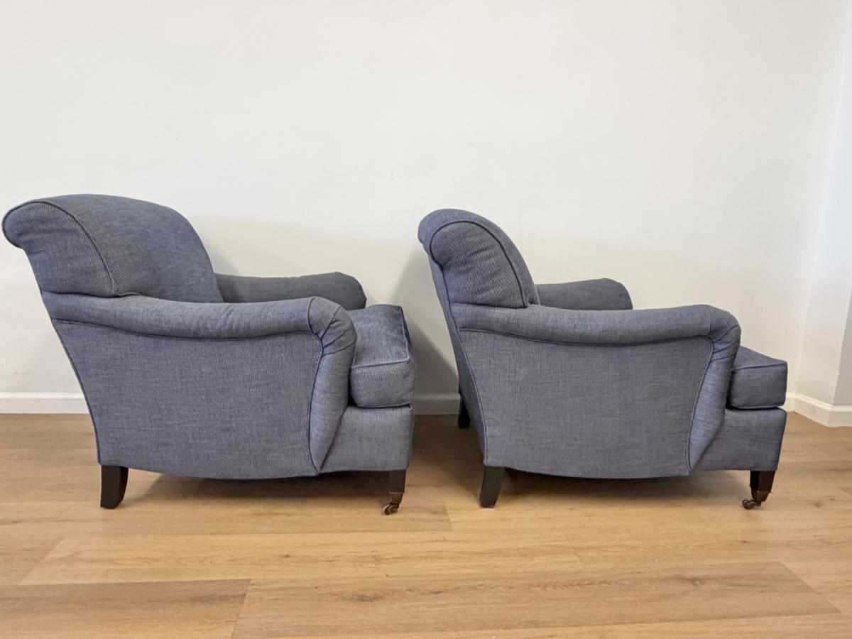 Custom English Roll Arm Club Chairs on Casters, Pair