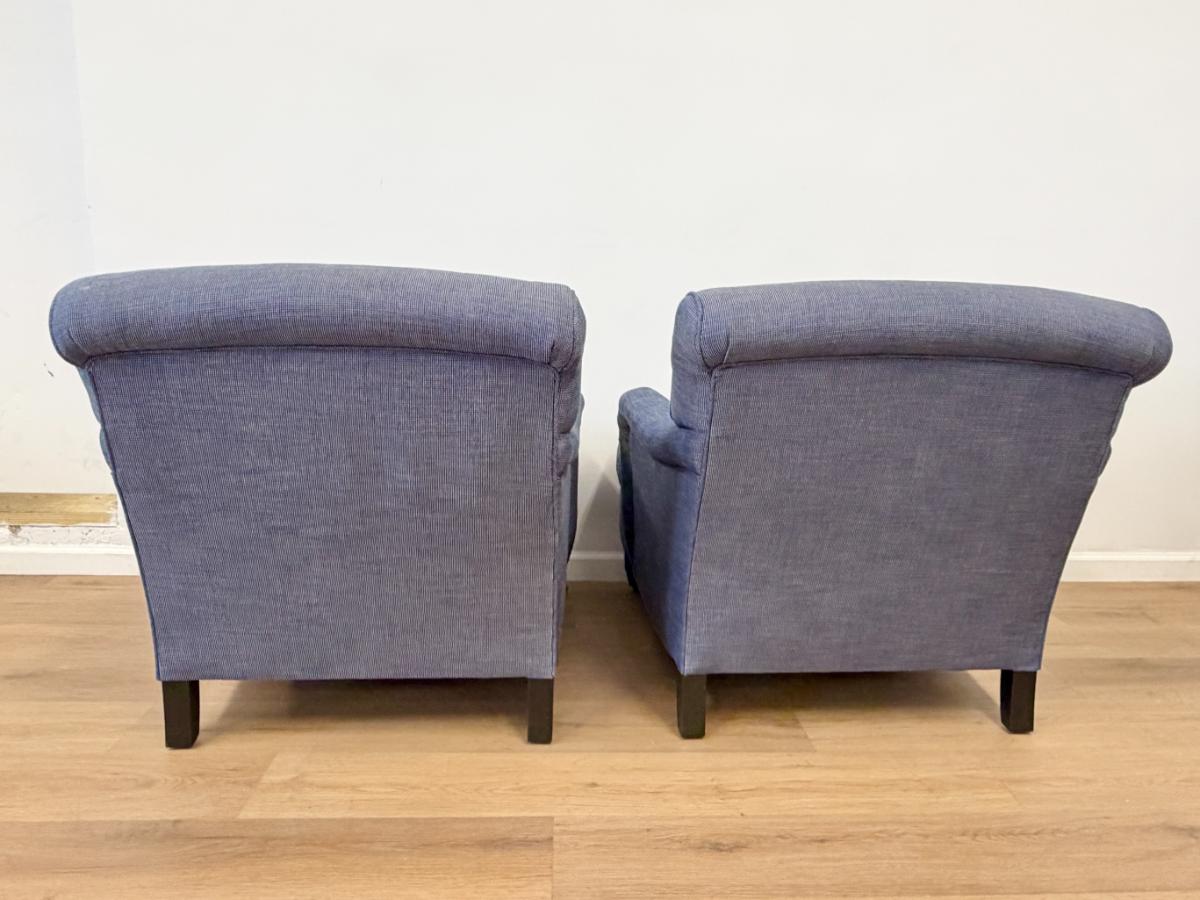 Custom English Roll Arm Club Chairs on Casters, Pair