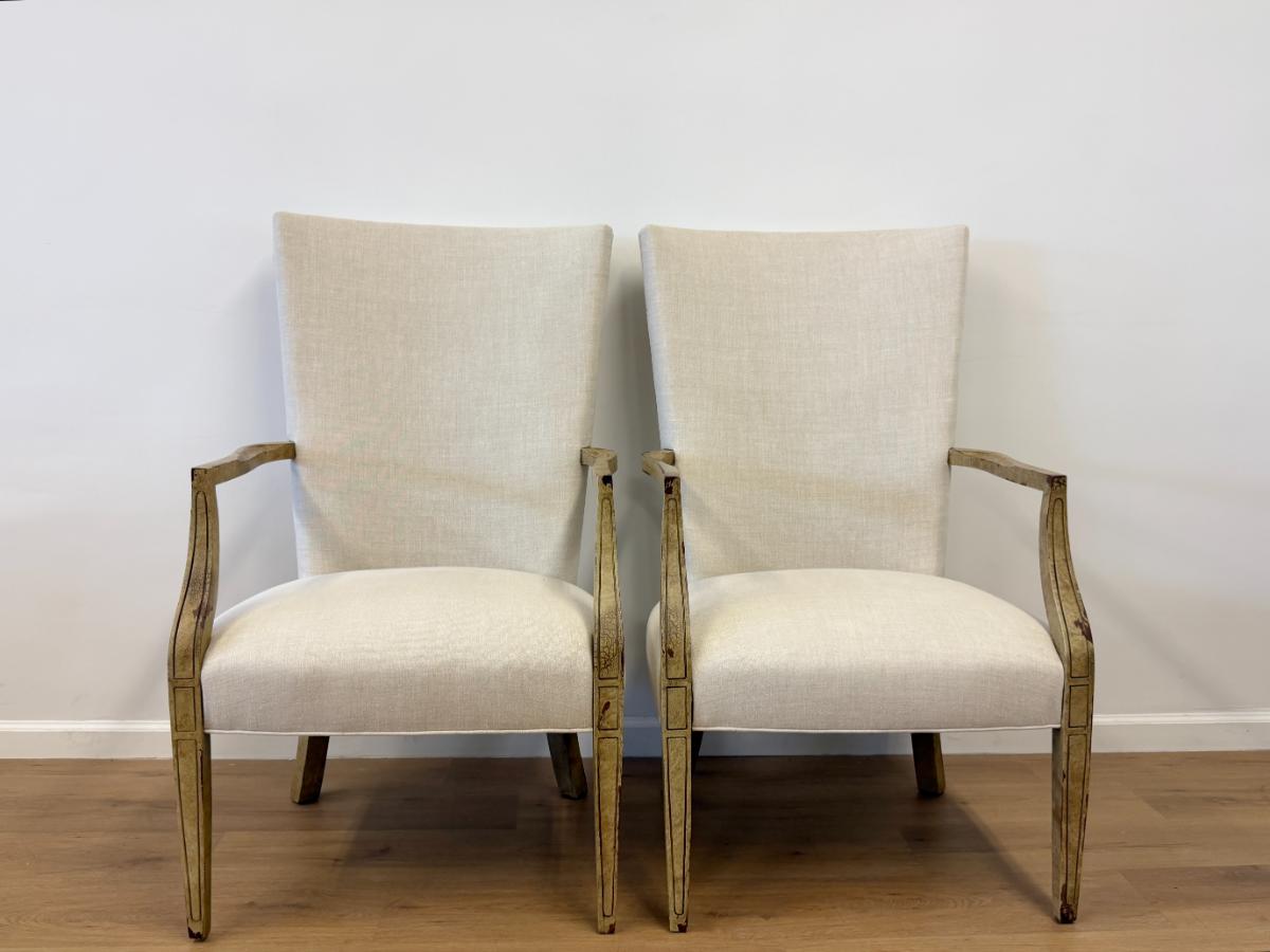 Custom High Back Linen Arm Chairs, Pair