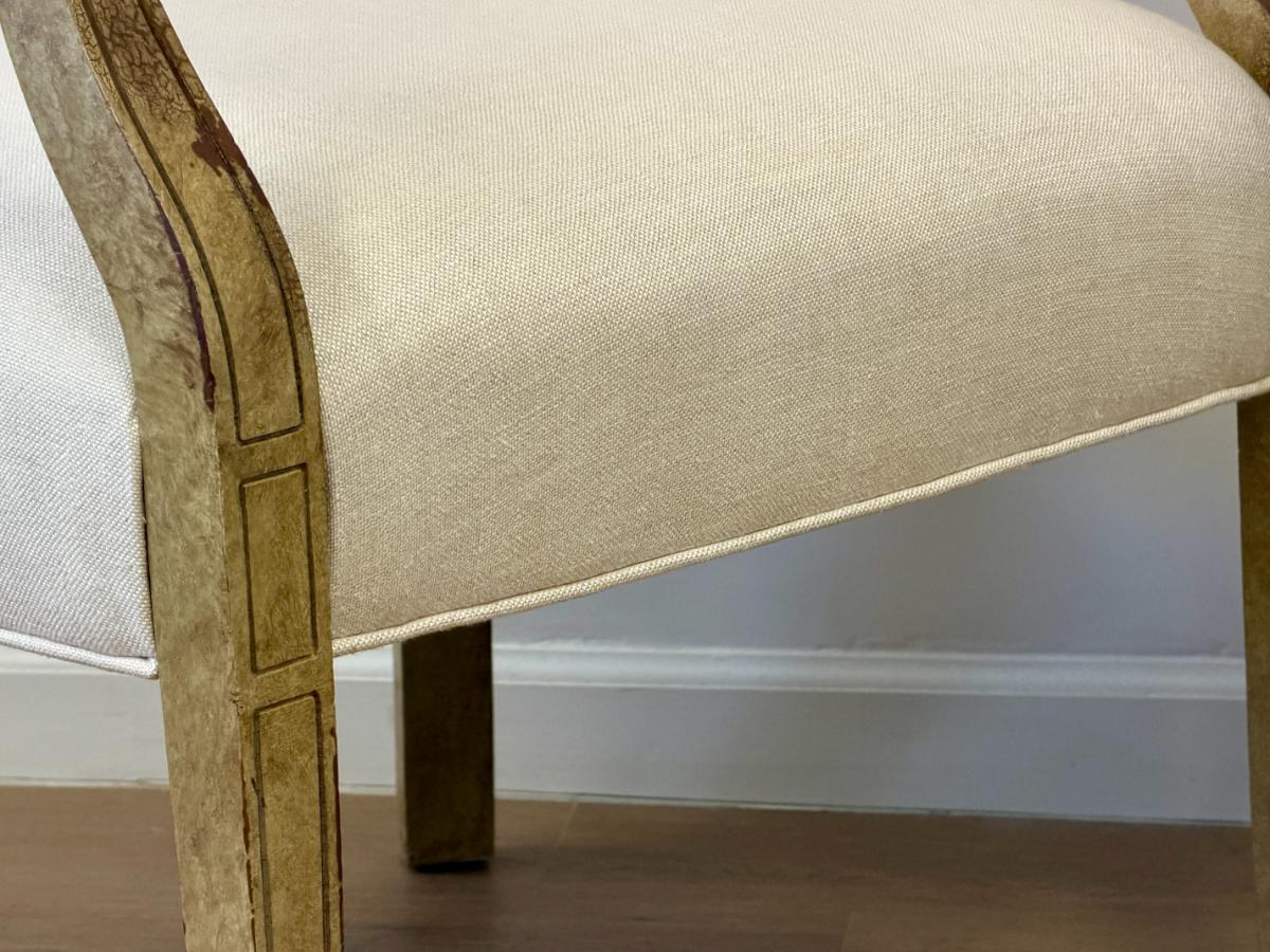 Custom High Back Linen Arm Chairs, Pair