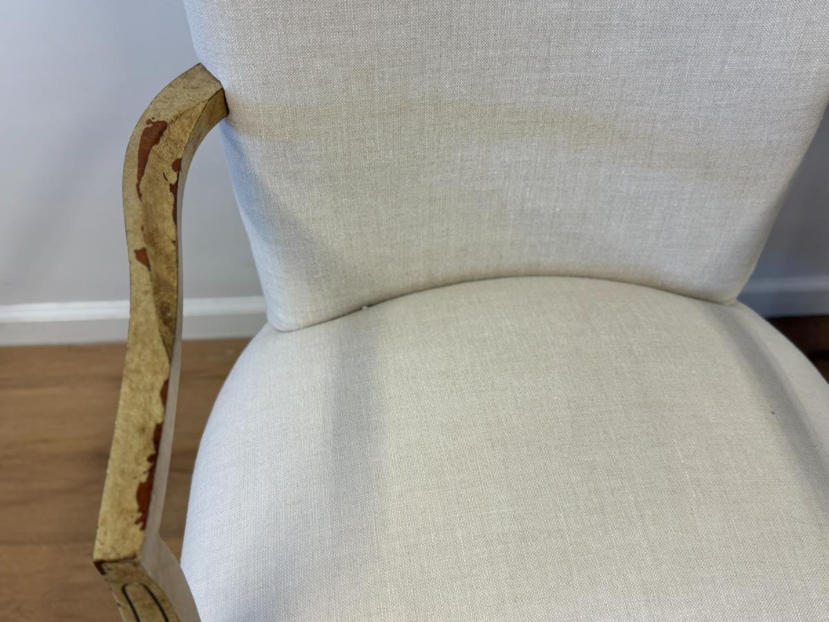 Custom High Back Linen Arm Chairs, Pair
