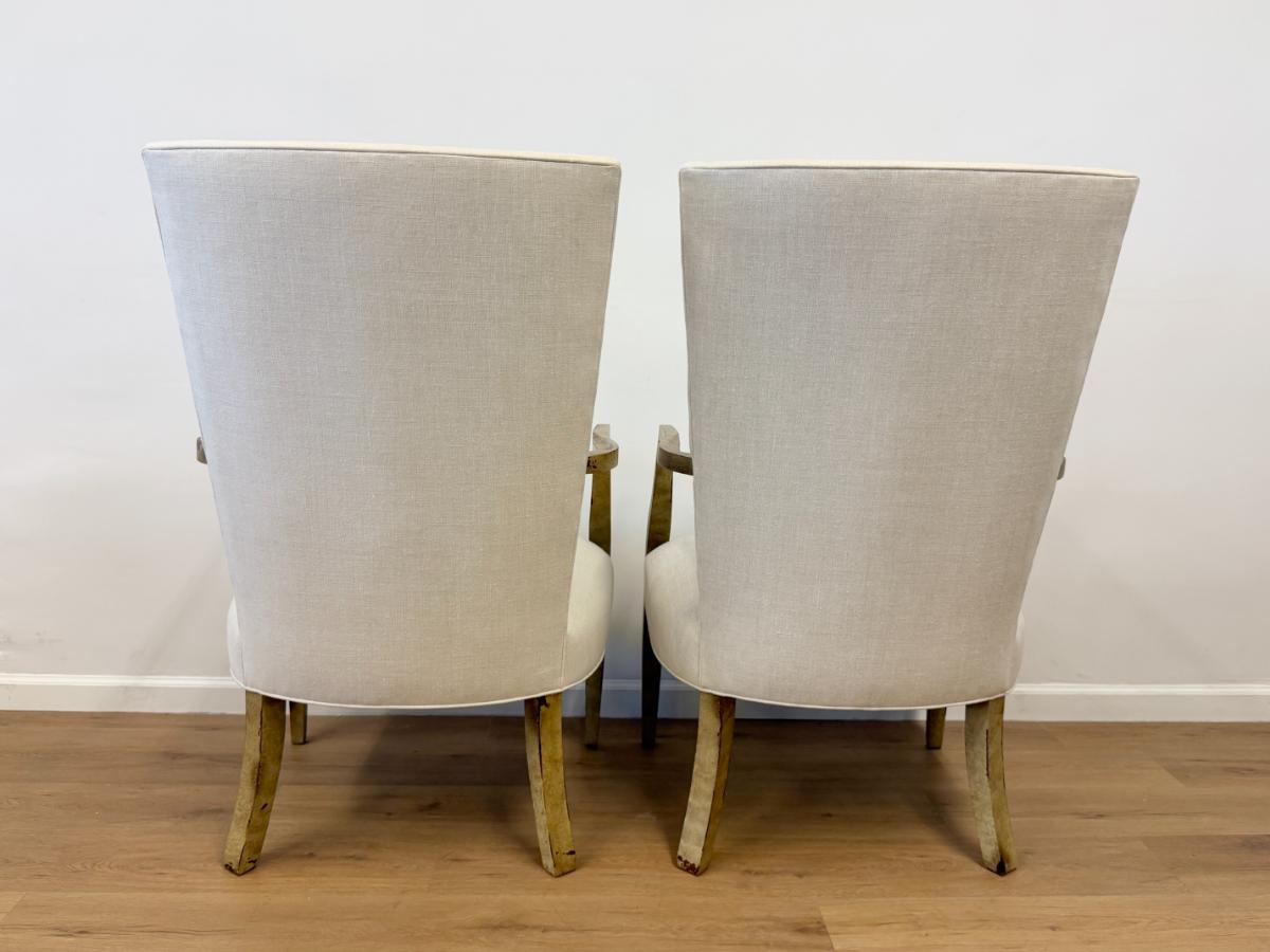 Custom High Back Linen Arm Chairs, Pair