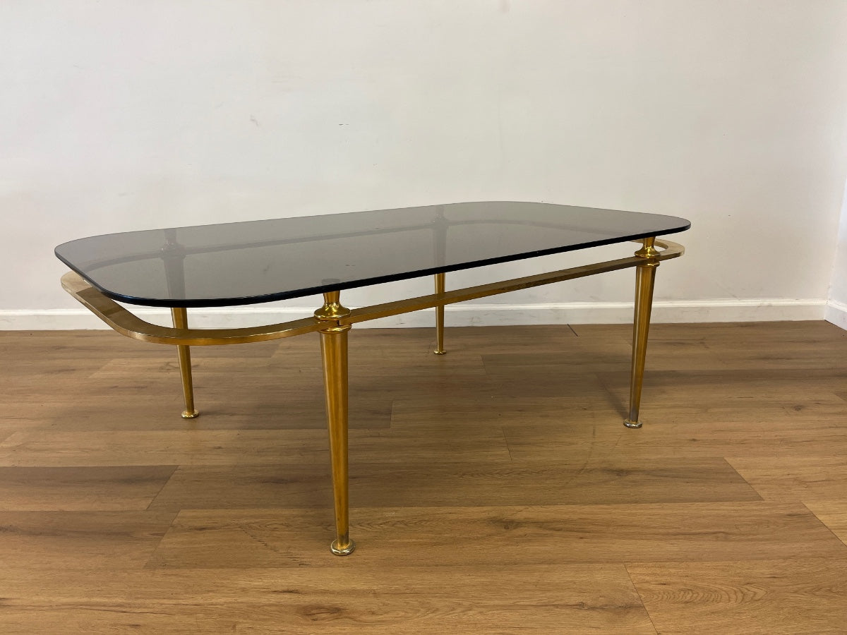 Vintage Art Deco Brass & Smoked Glass Cocktail Table