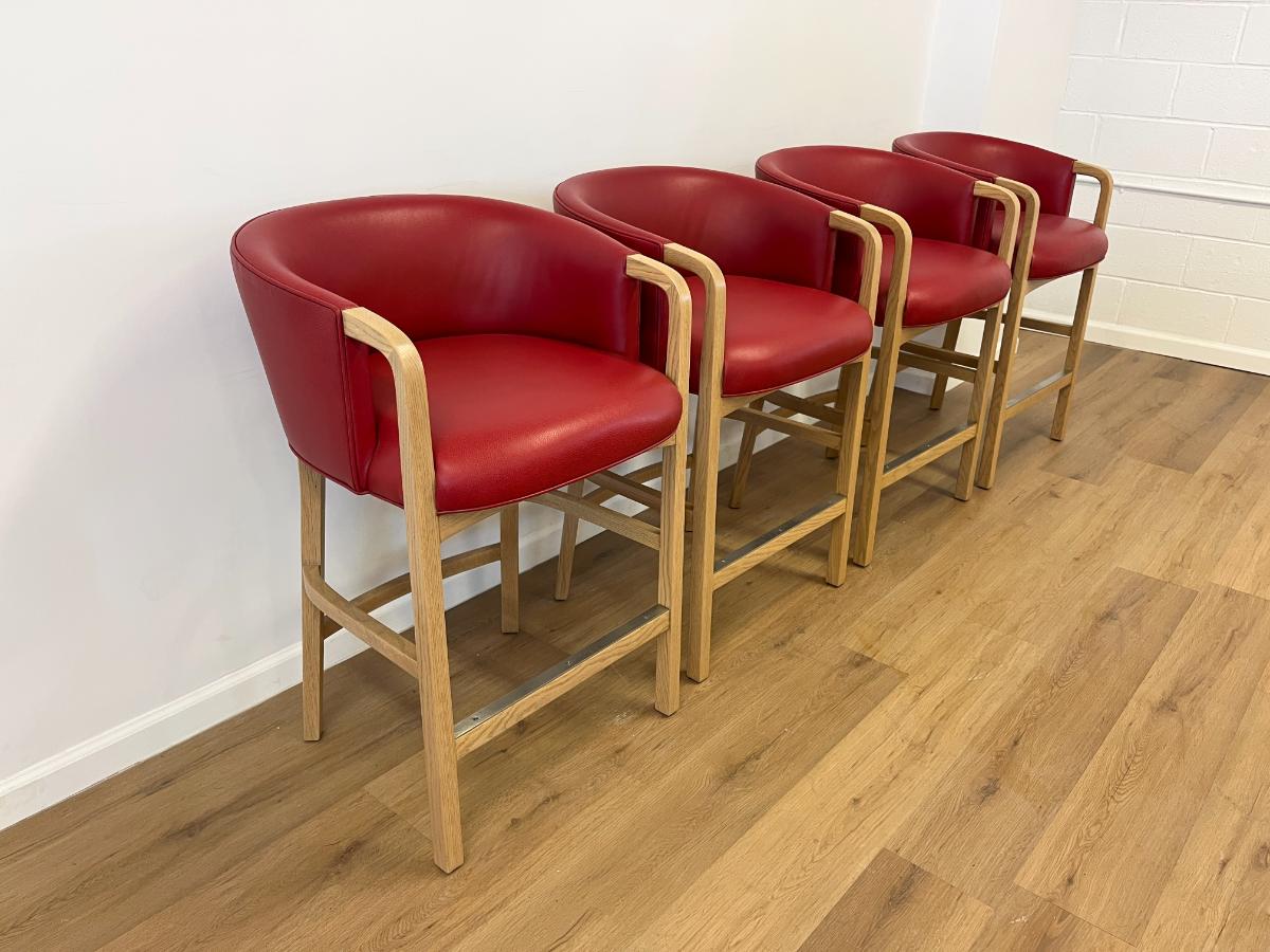 Custom Upholstered Red Leather Barstools, Set of 4