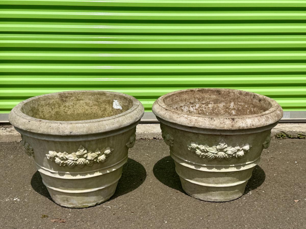 Nina Studio Cement Planters with Acorn Relief, Pair