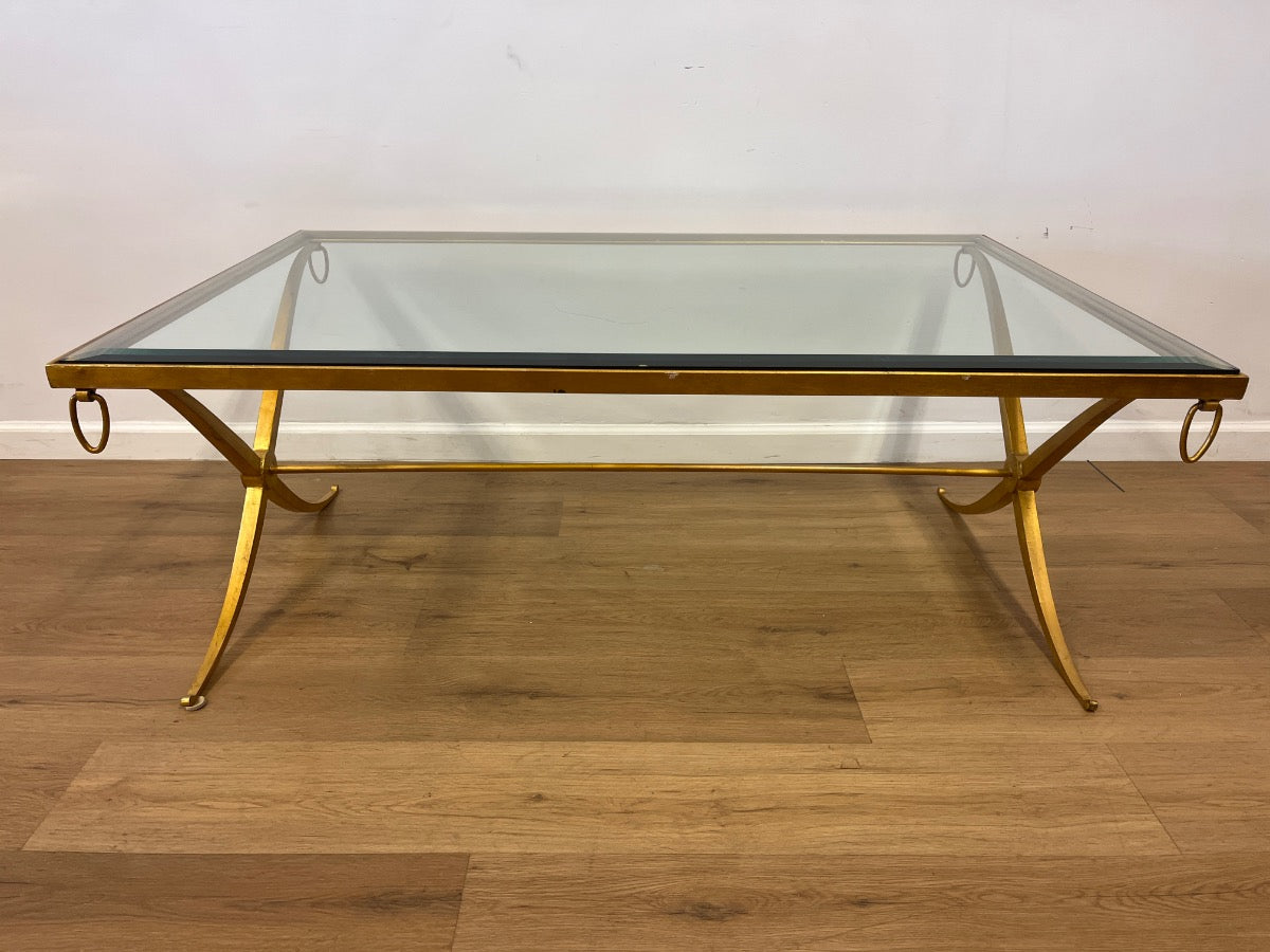 Barbara Barry For Baker Furniture Gilt Wrought Iron X Base Regency Coffee Table
