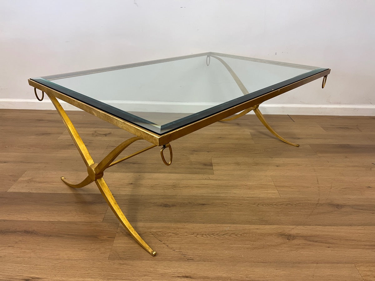 Barbara Barry For Baker Furniture Gilt Wrought Iron X Base Regency Coffee Table