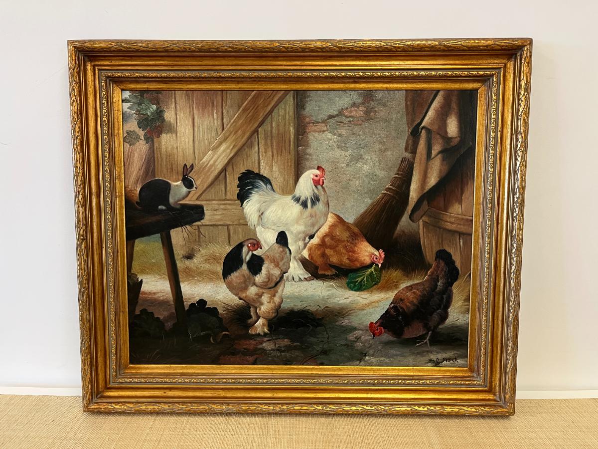 Beautifully Framed Barn Scene Oil Painting by D. Mark