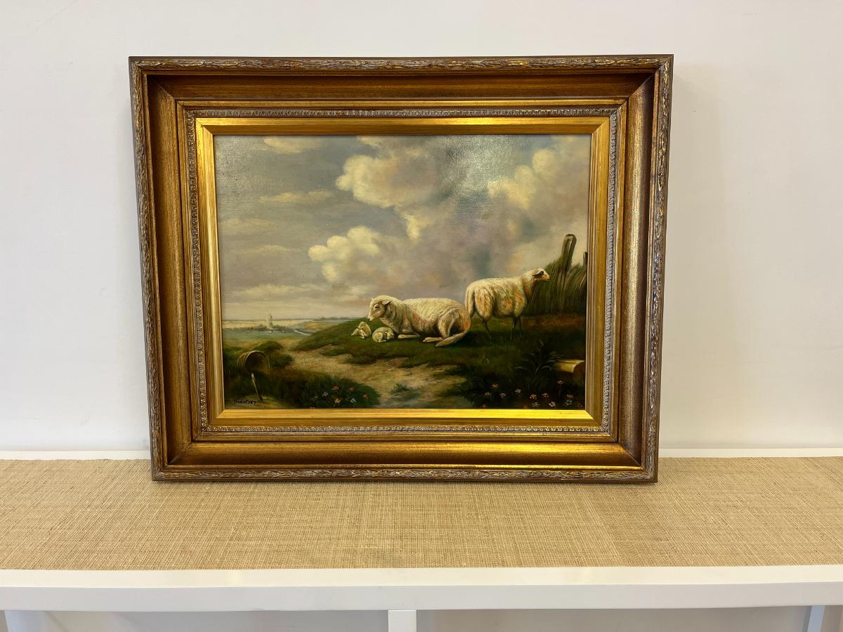 Beautifully Framed Sheep in a Landscape Oil Painting by Borofsky