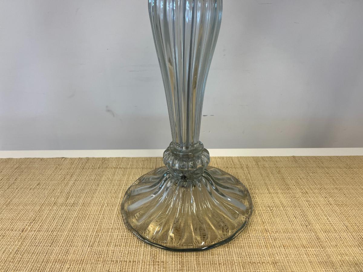 Large Hollywood Regency Fluted Glass Lamps with Silk Shades, Pair