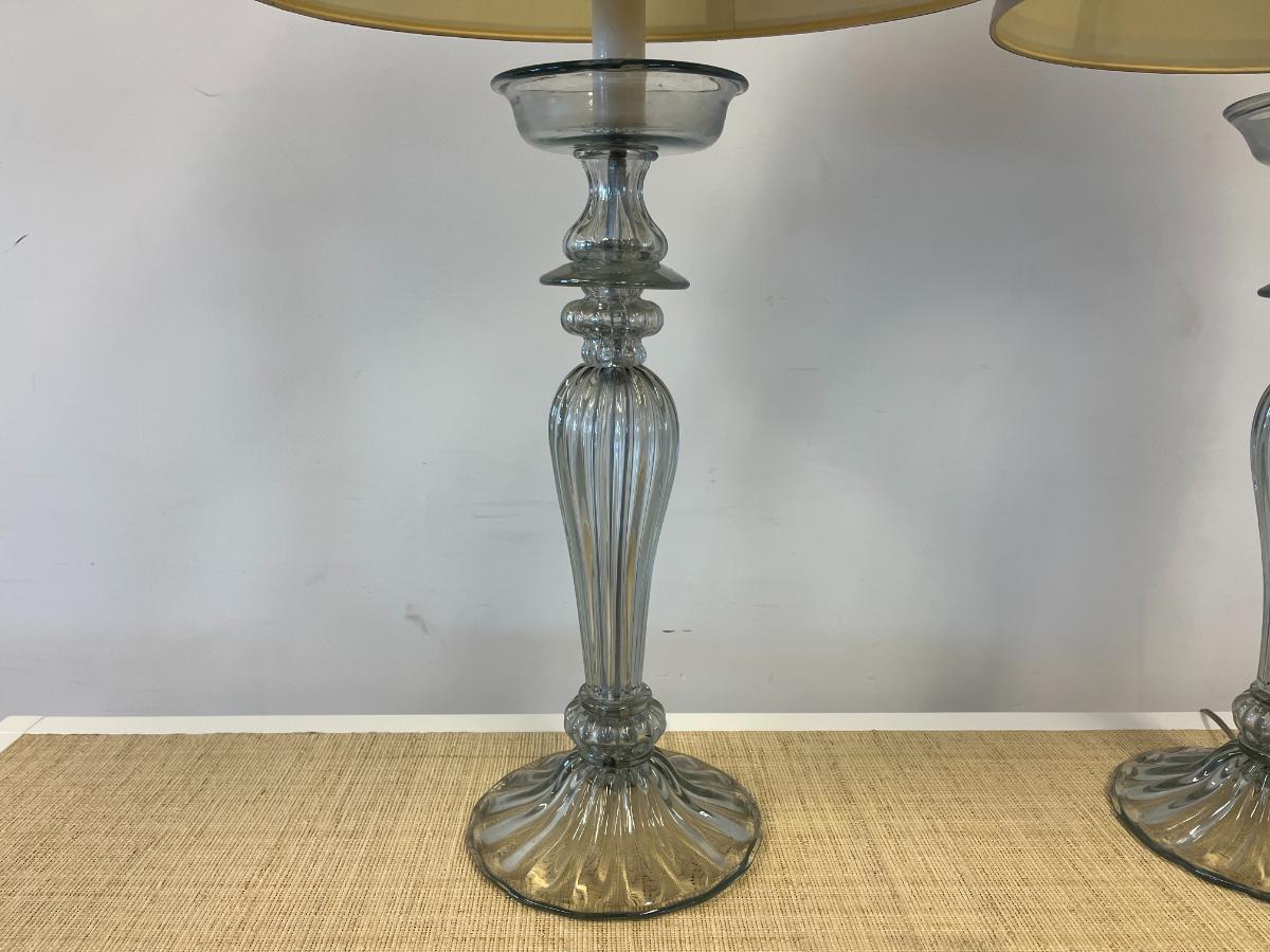 Large Hollywood Regency Fluted Glass Lamps with Silk Shades, Pair