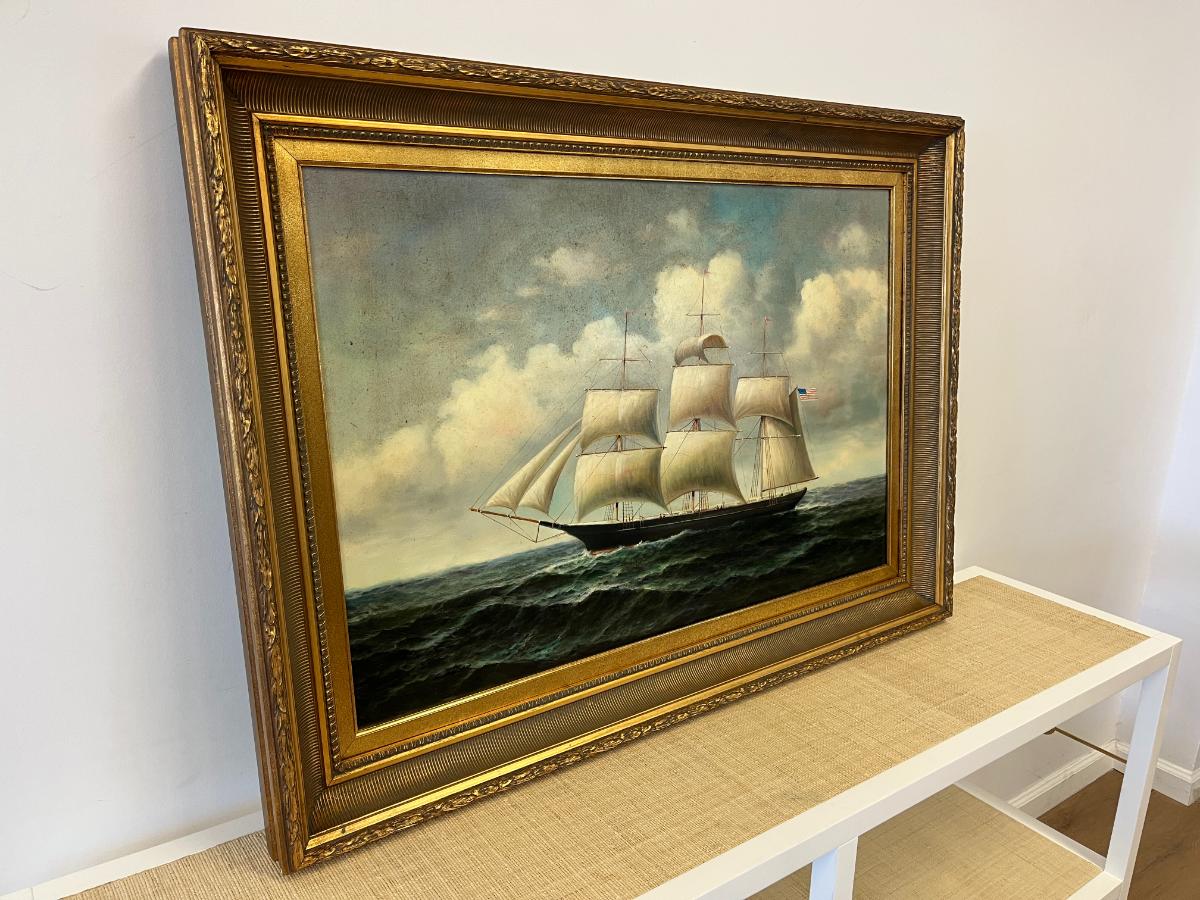 Large 20th-Century Maritime Oil Painting of an American Clipper Ship, Signed Cooper