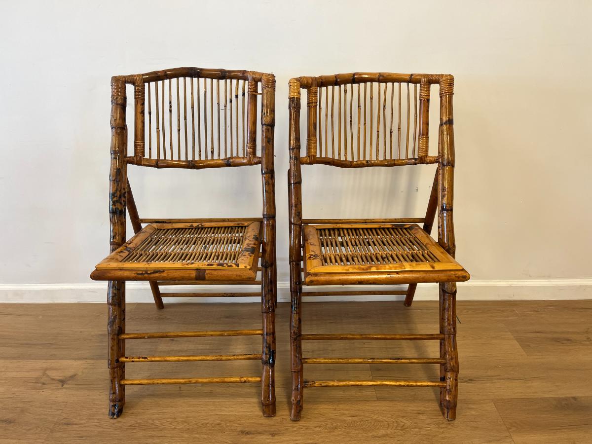 Vintage Bamboo Folding Chairs, Pair
