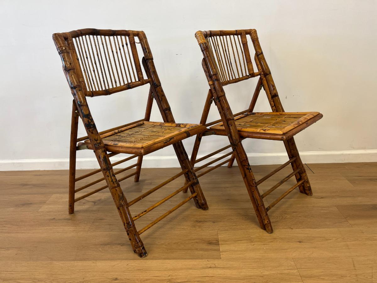 Vintage Bamboo Folding Chairs, Pair