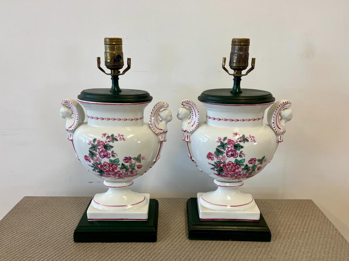 Vintage Neoclassical Porcelain Urn Lamps with Caryatid Handles, Pair