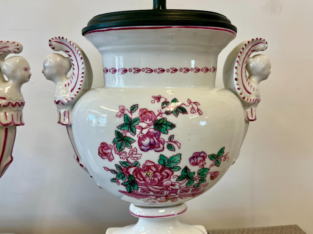 Vintage Neoclassical Porcelain Urn Lamps with Caryatid Handles, Pair