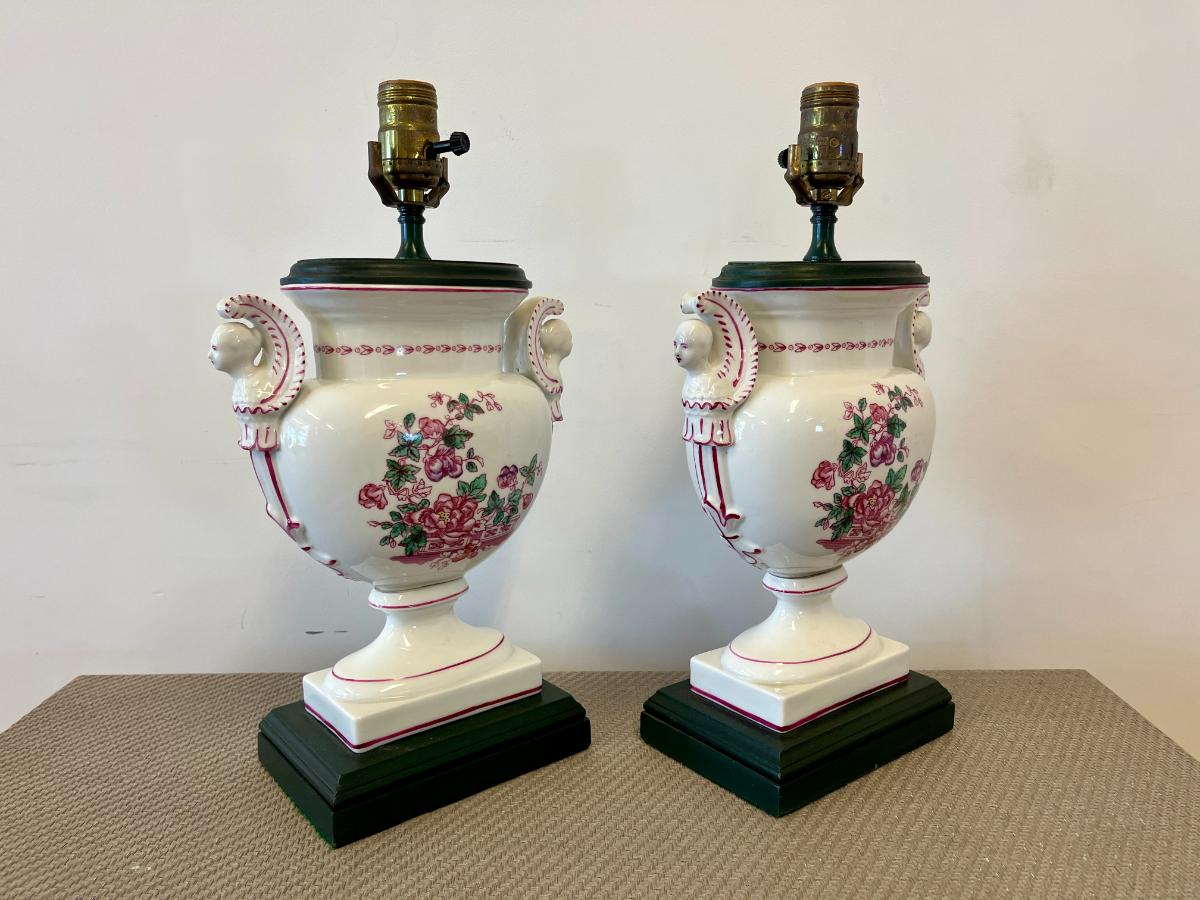 Vintage Neoclassical Porcelain Urn Lamps with Caryatid Handles, Pair
