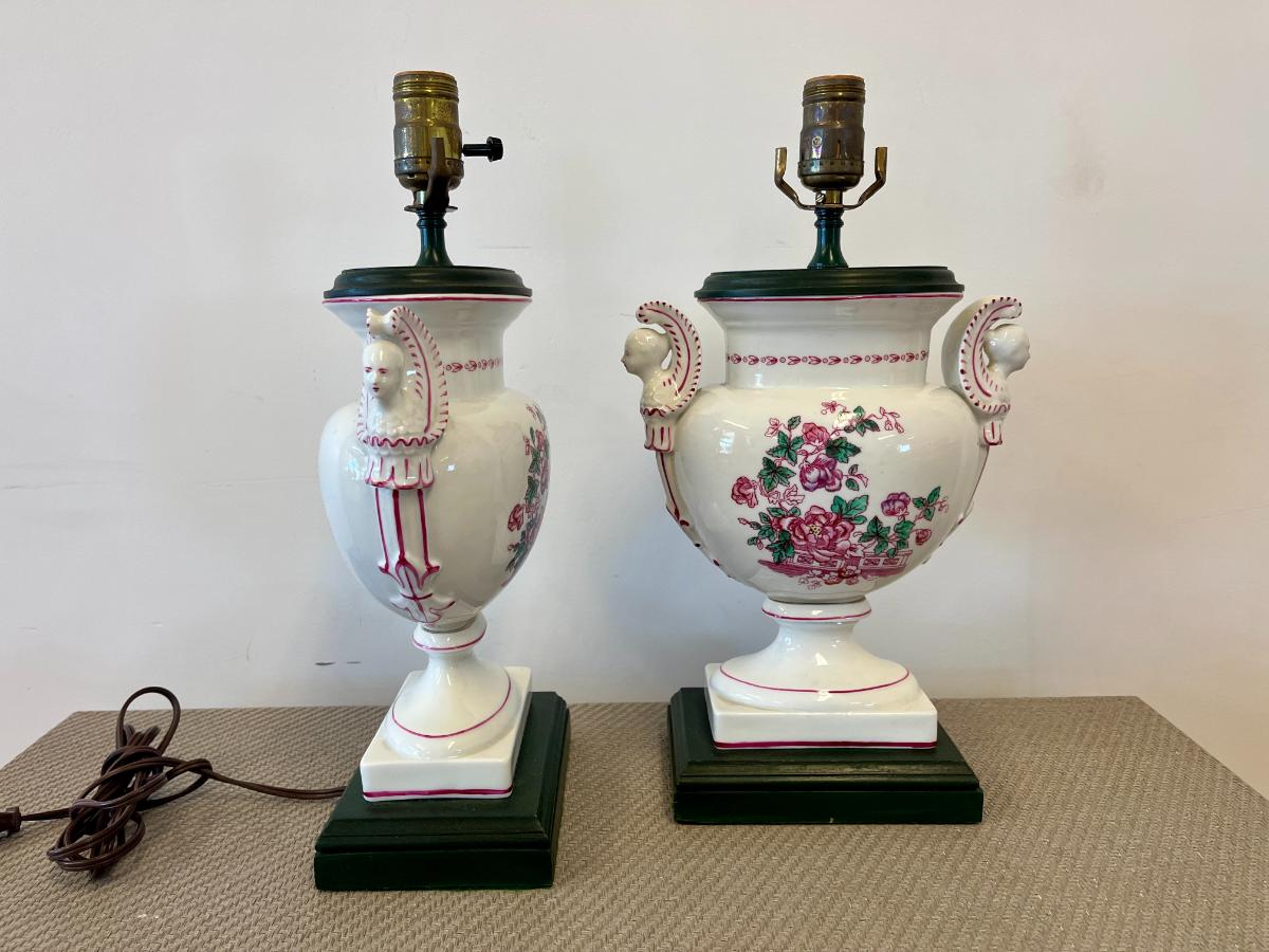 Vintage Neoclassical Porcelain Urn Lamps with Caryatid Handles, Pair