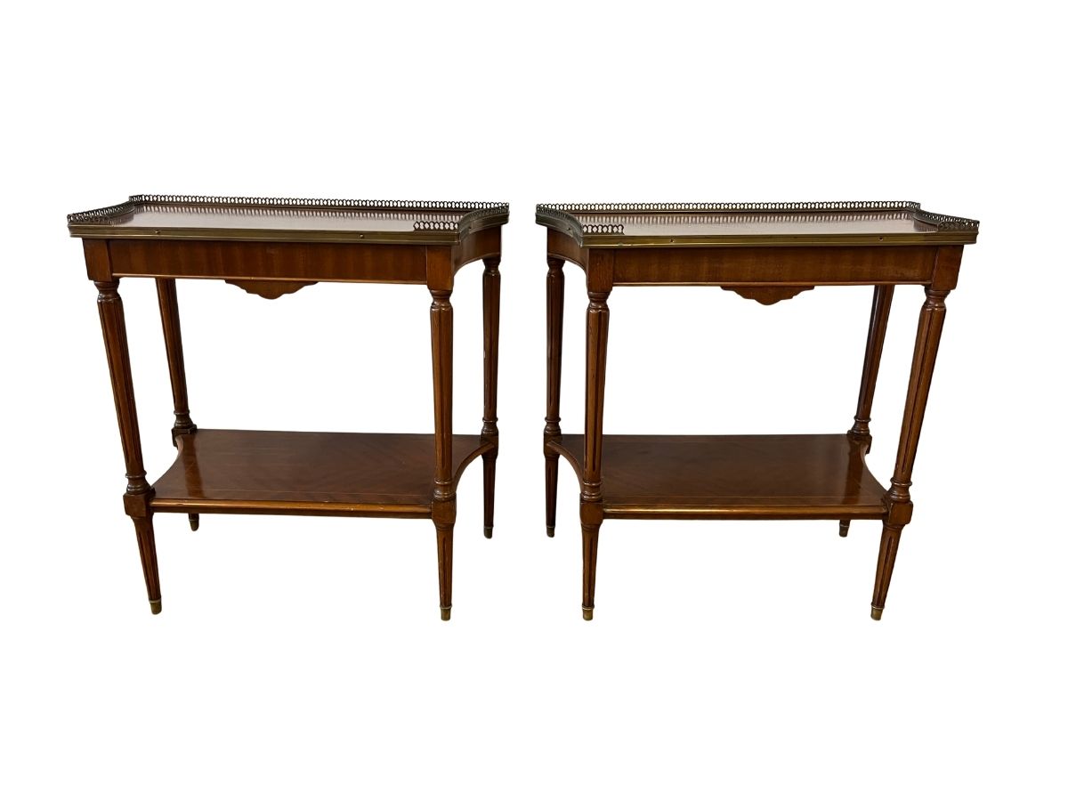 Antique Mahogany Side Tables with Brass Corner Gallery, Pair