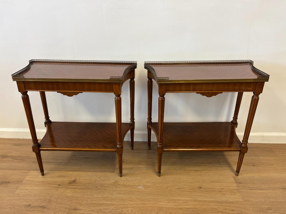 Antique Mahogany Side Tables with Brass Corner Gallery, Pair