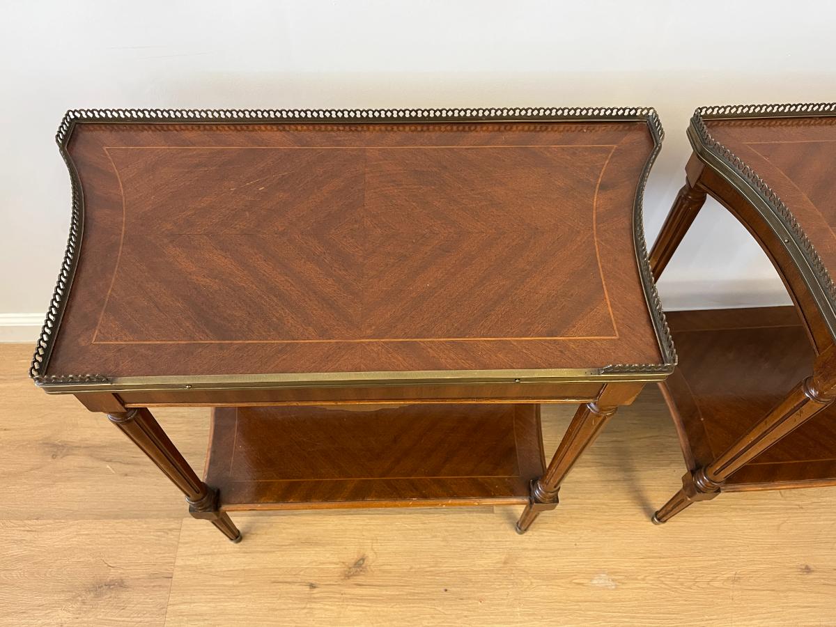 Antique Mahogany Side Tables with Brass Corner Gallery, Pair