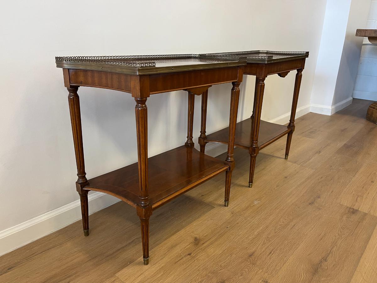 Antique Mahogany Side Tables with Brass Corner Gallery, Pair