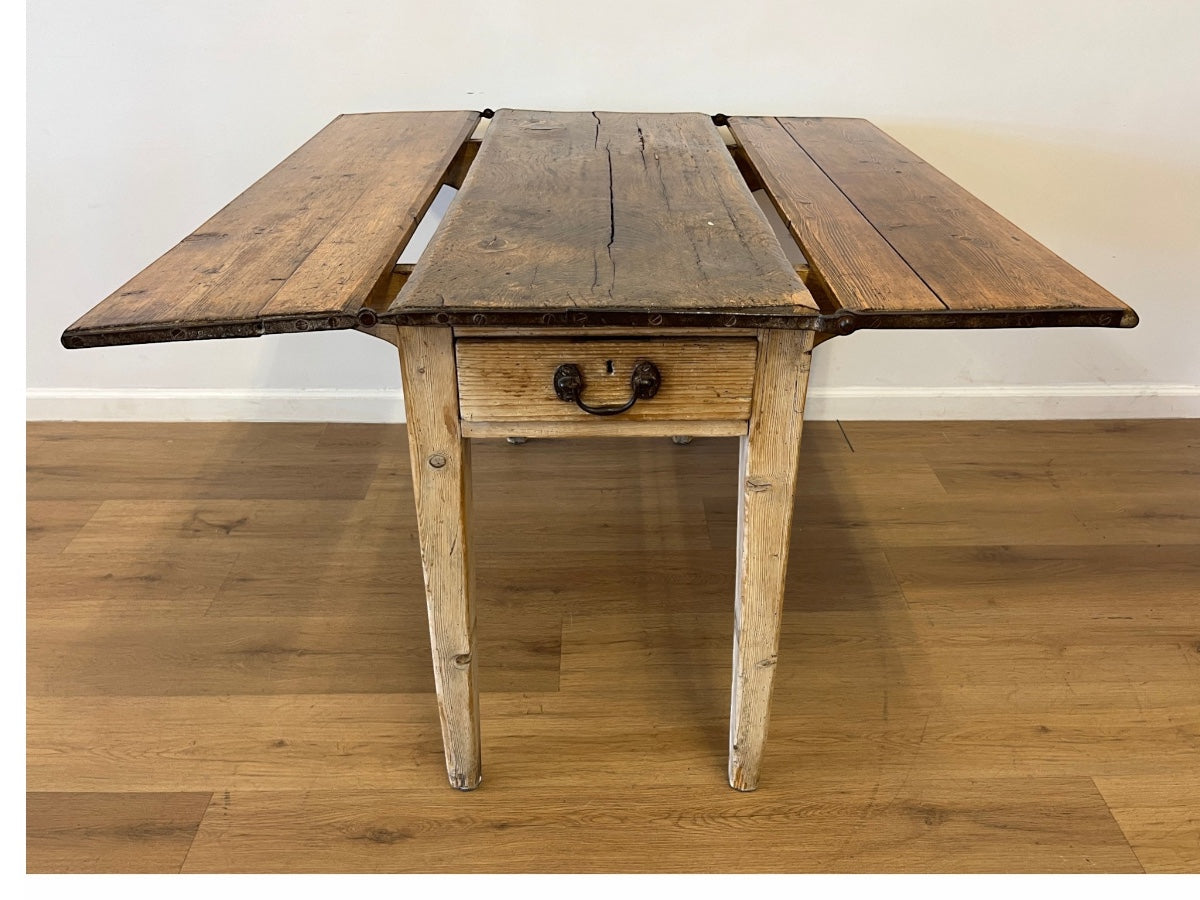 Antique Scandinavian Style Mixed-Wood Slagbord Farmhouse Drop-Leaf Table