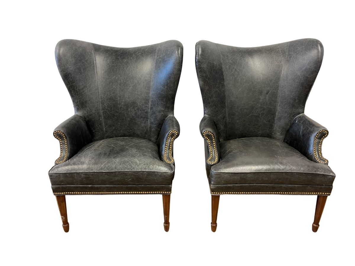 Grey Leather Butterfly Wingback Chairs, Pair