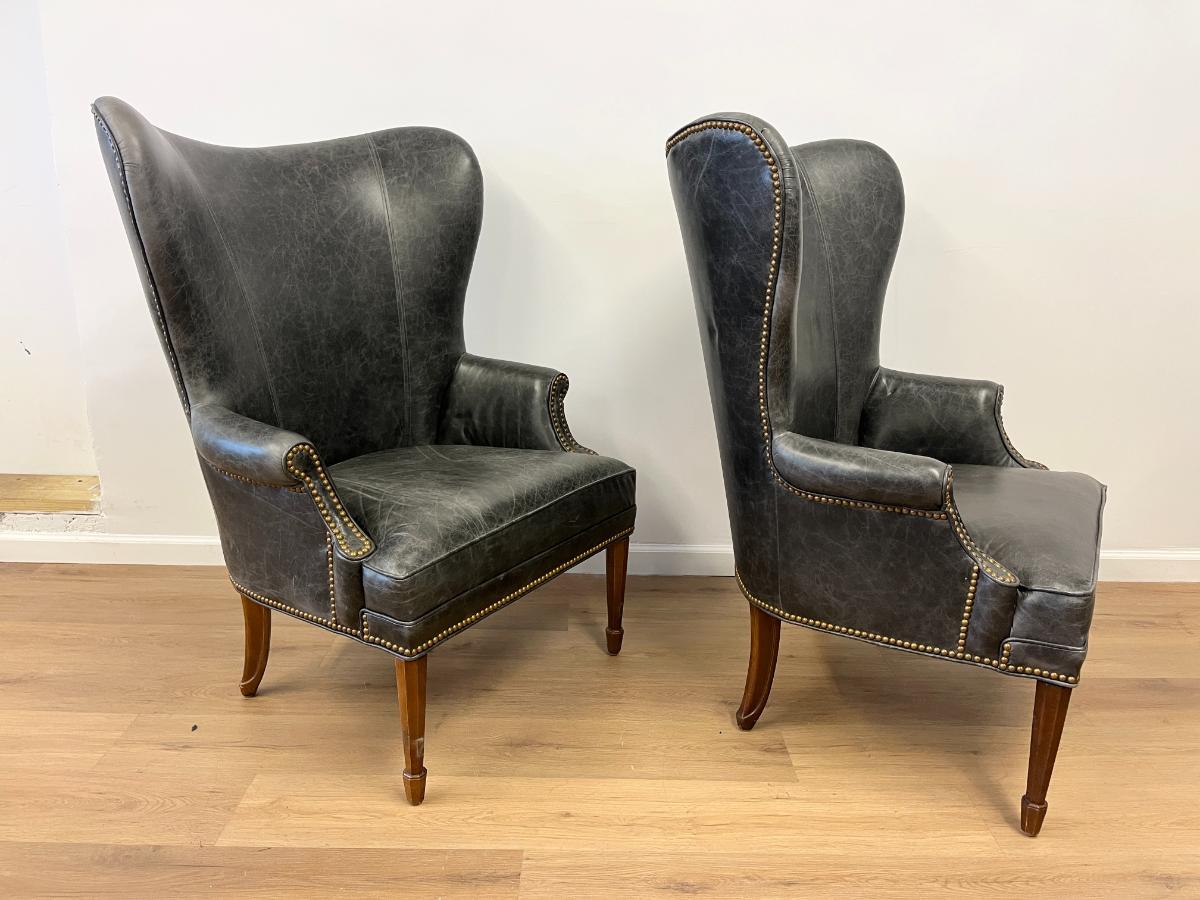 Grey Leather Butterfly Wingback Chairs, Pair