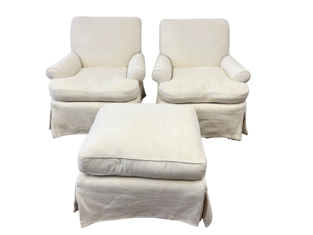 Jonas Ivory Skirted Lounge Chairs & Ottoman