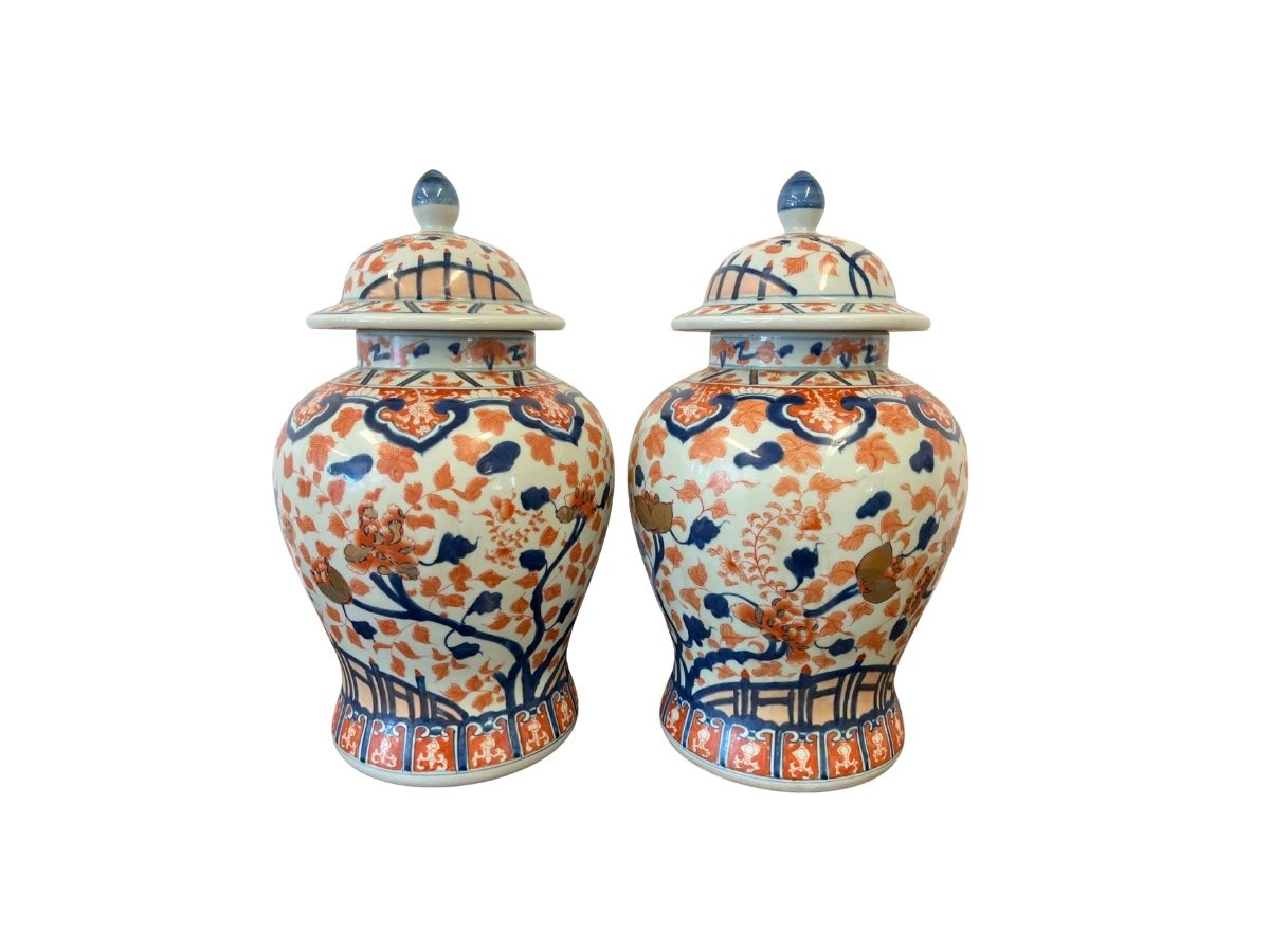 Japanese Imari Polychrome Covered Porcelain Urns, Pair