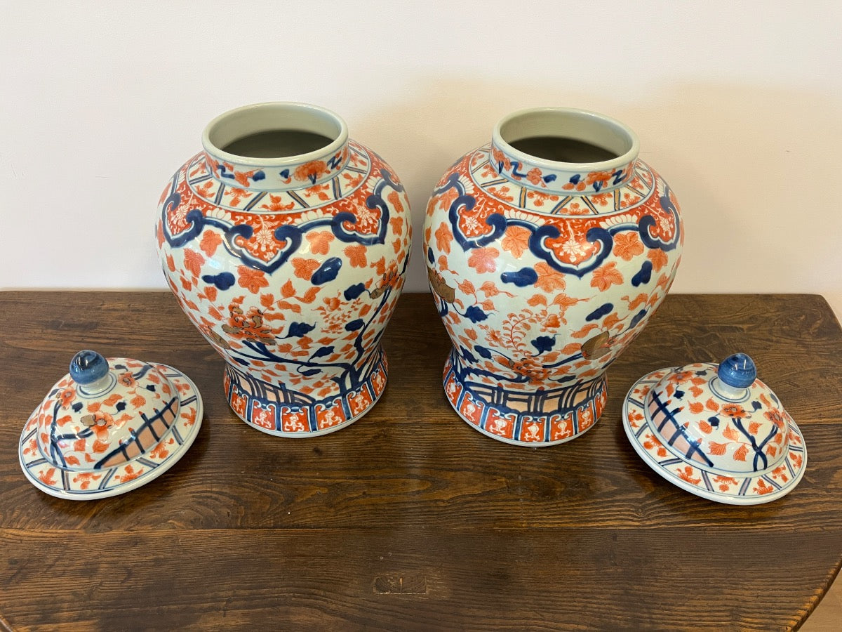 Japanese Imari Polychrome Covered Porcelain Urns, Pair