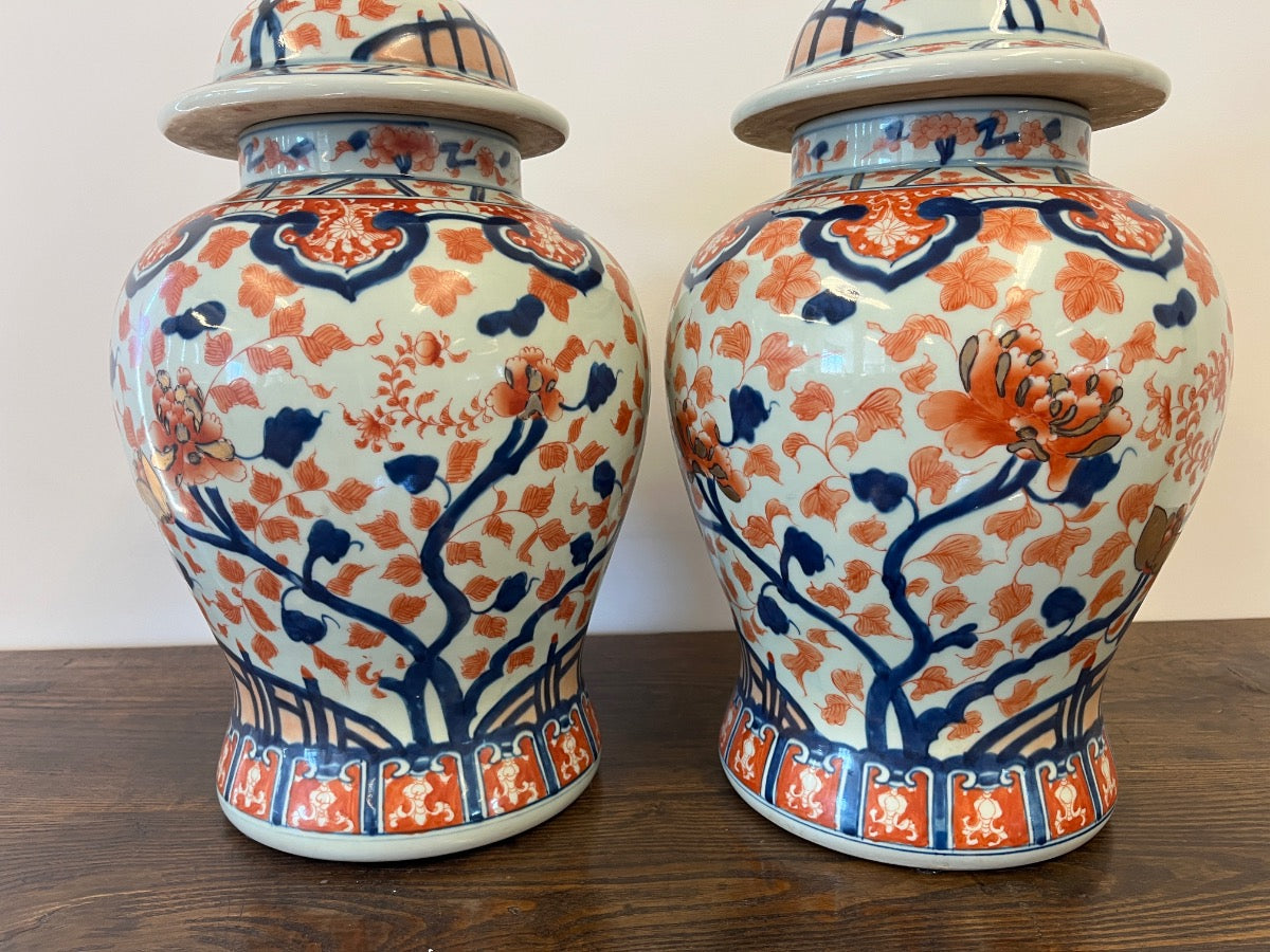 Japanese Imari Polychrome Covered Porcelain Urns, Pair