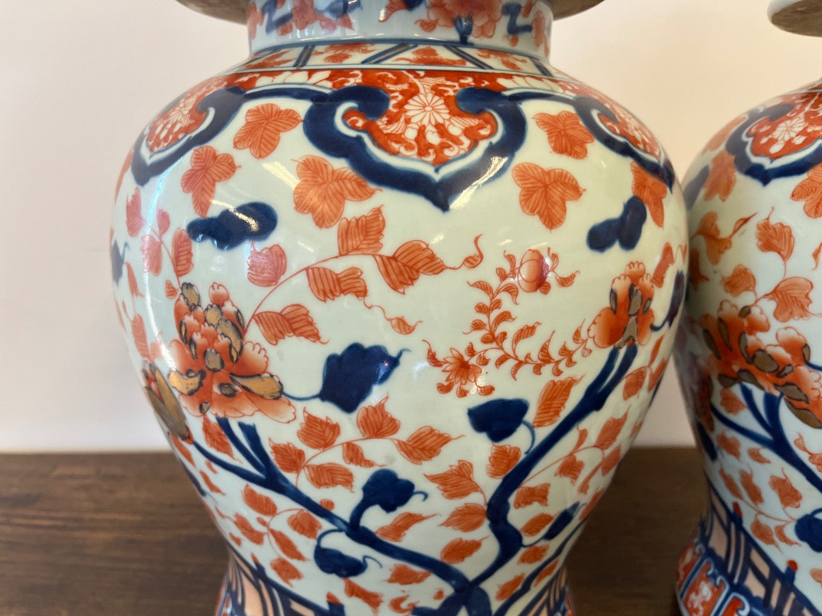 Japanese Imari Polychrome Covered Porcelain Urns, Pair