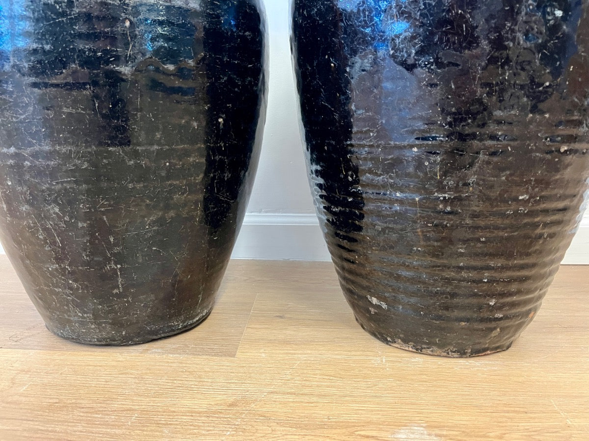 Antique Brown Glazed Earthenware Urns, Pair