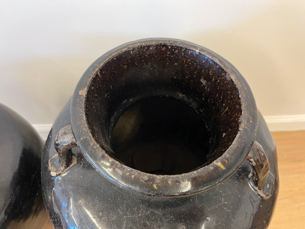 Antique Brown Glazed Earthenware Urns, Pair