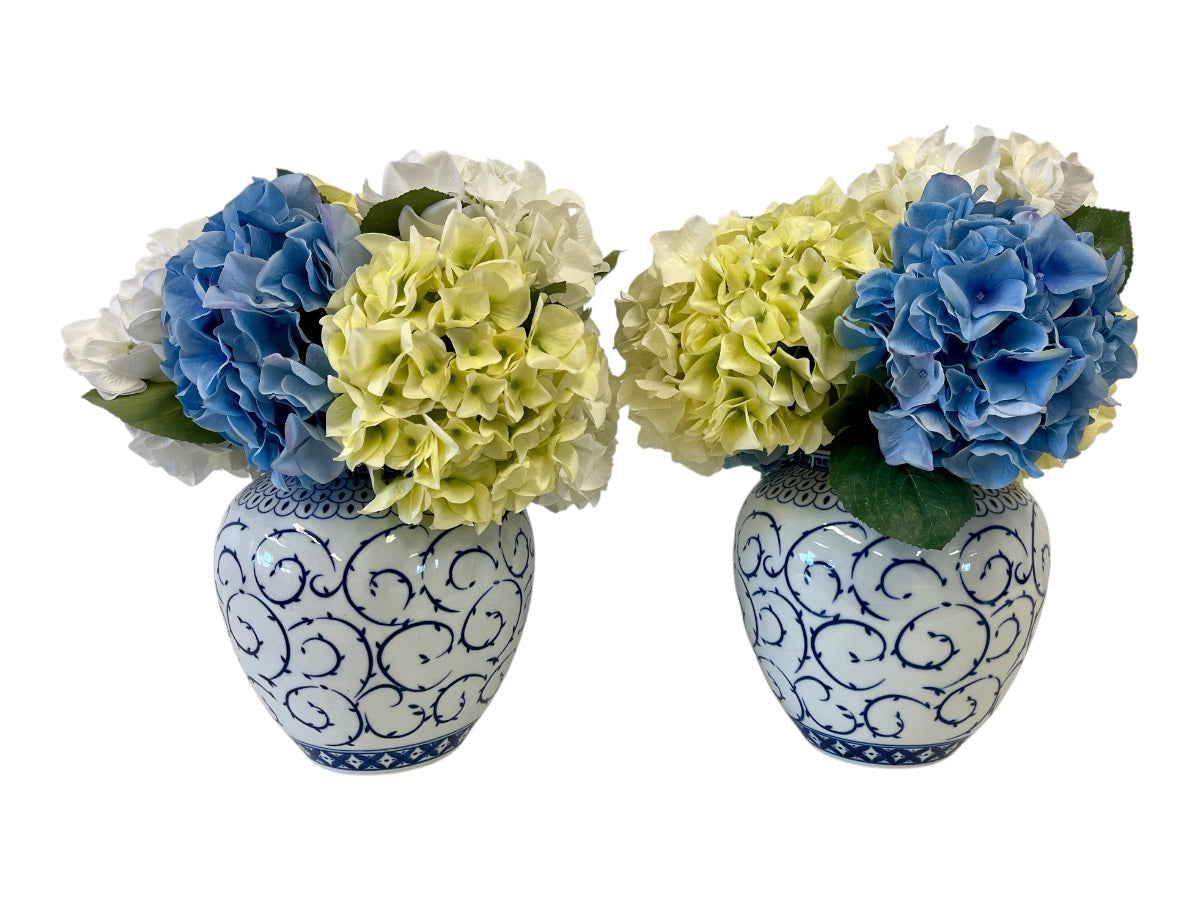 Decorative Hydrangea Floral Arrangements in Vases, Pair